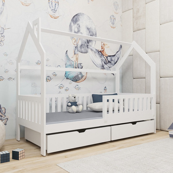 Łóżko drewniane Timon 80x180 cm białe nowoczesny design łóżko dziecięce domek wykonane z litego drewna sosnowego pojemne szuflady